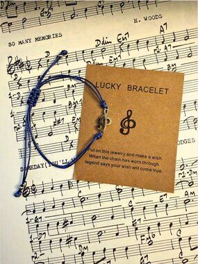Music Wish Bracelet Stainless Steel Treble Clef Blue Woven Cord